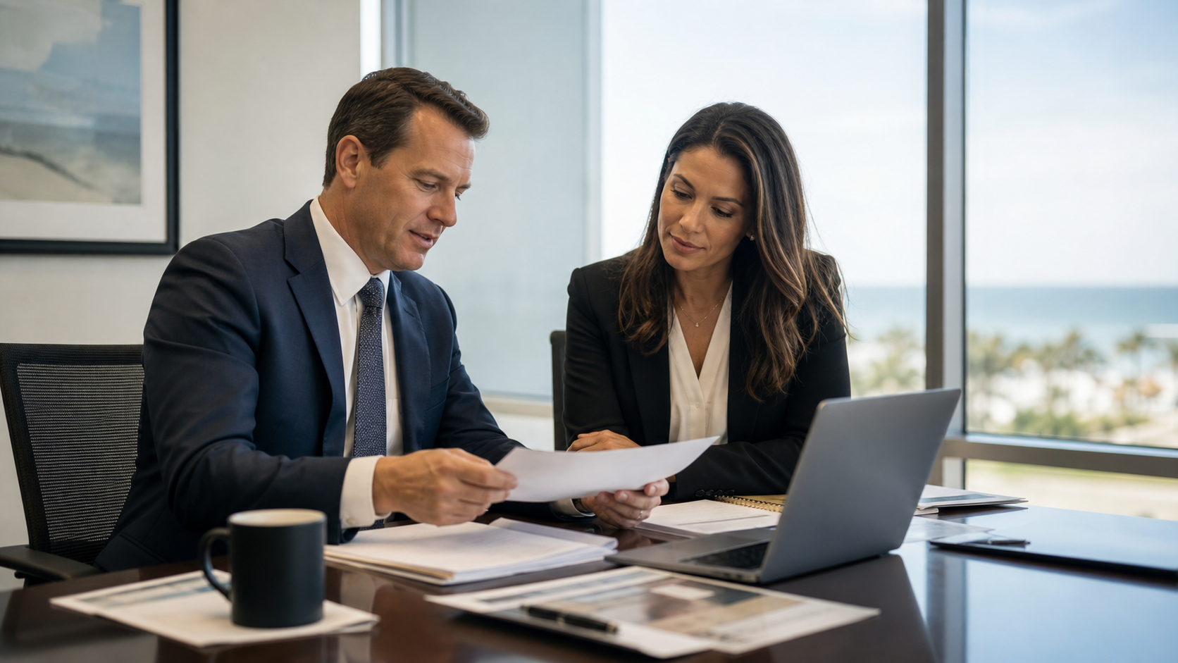 Attorneys reviewing consultation documents in a professional office